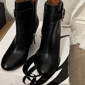 Nine West Black Leather Ankle Boots with Gold Buckle Accent